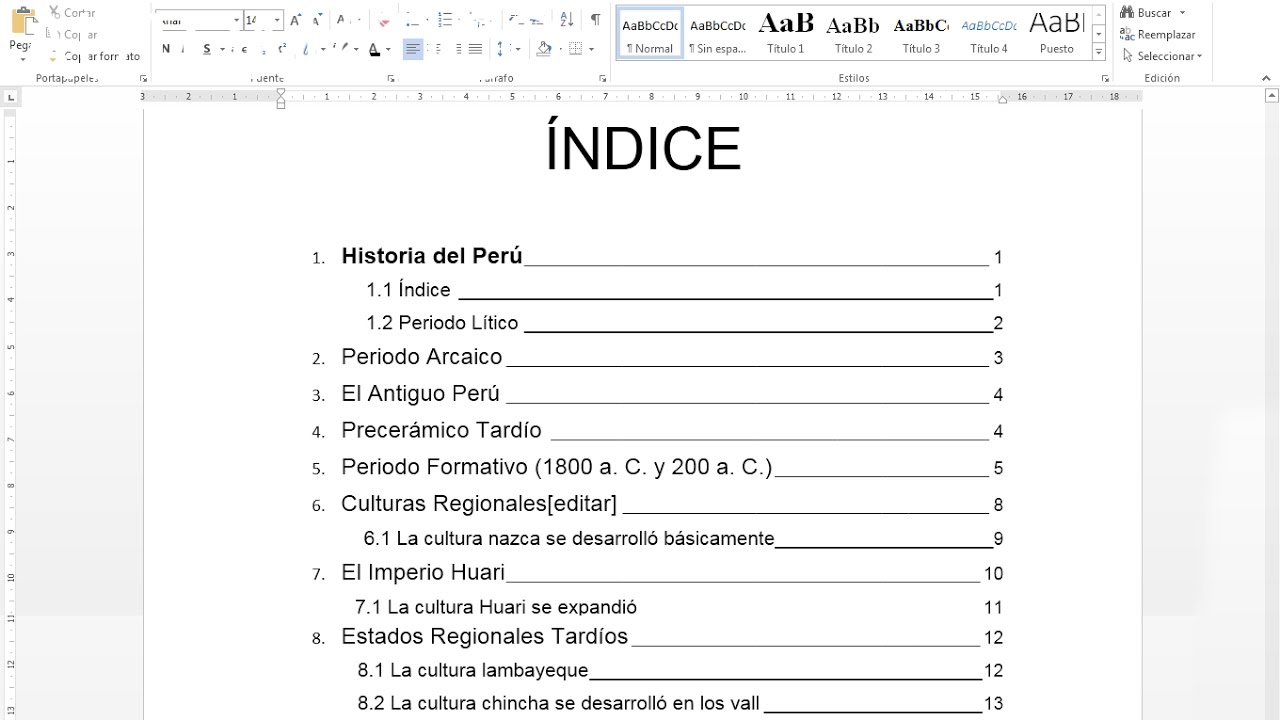 cual es el indice de un proyecto